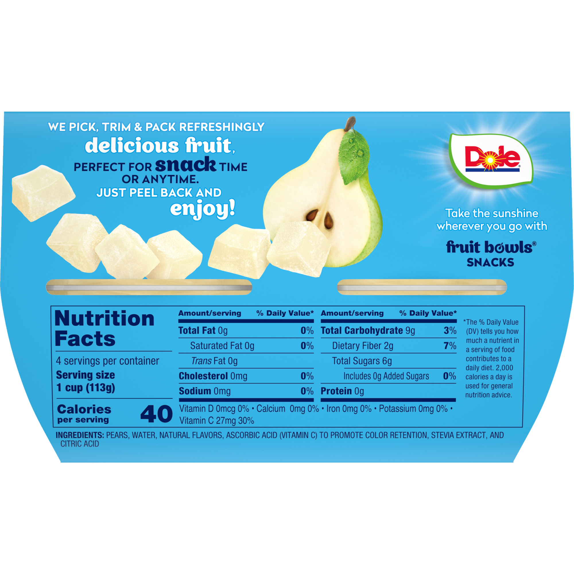 Dole® Diced Pears with No Sugar Added Fruit Bowls®, 4 Count 